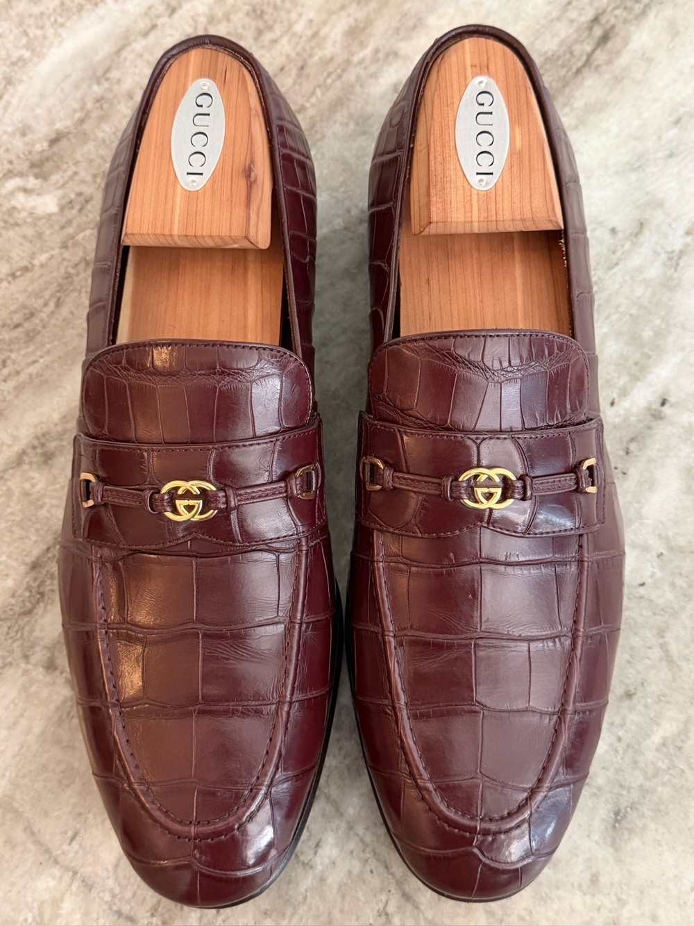 GUCCI GG Alligator Bordeaux Loafers Burgundy 9 / 9.5 US Crocodile Maroon 42.5